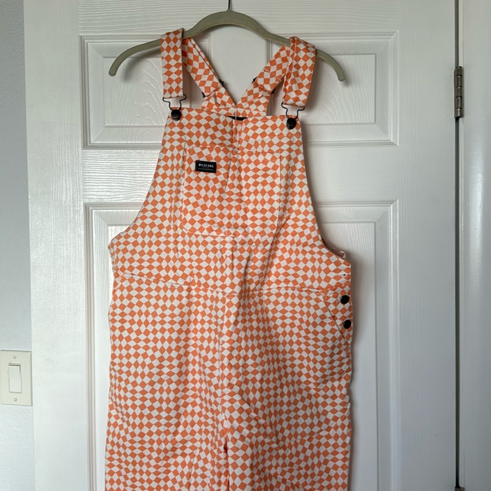 Wildfang Coral & White Checker Swirl Overalls - Size Large